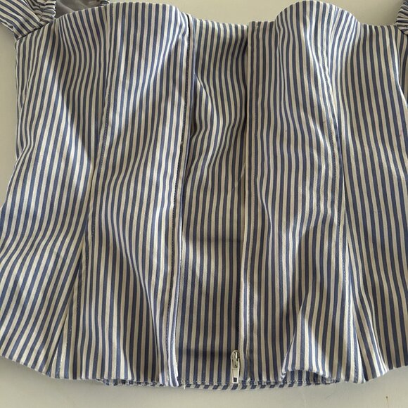 Bebe Poplin Off Shoulder Blue White Striped Top 2 Cotton Nautical Date Night Bea - Picture 6 of 11